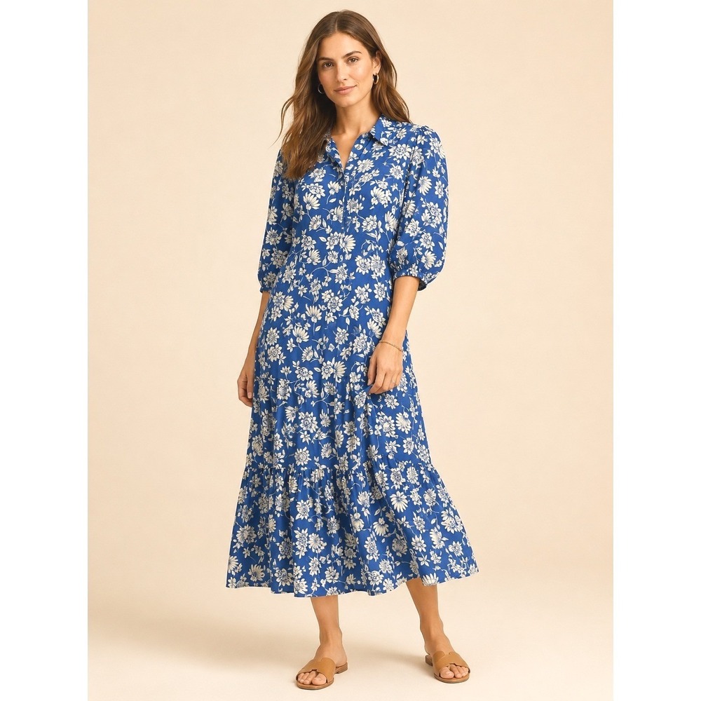 ZARA Womens Floral Tiered Maxi Shirt Dress XS Cottagecore Blue White Cotton